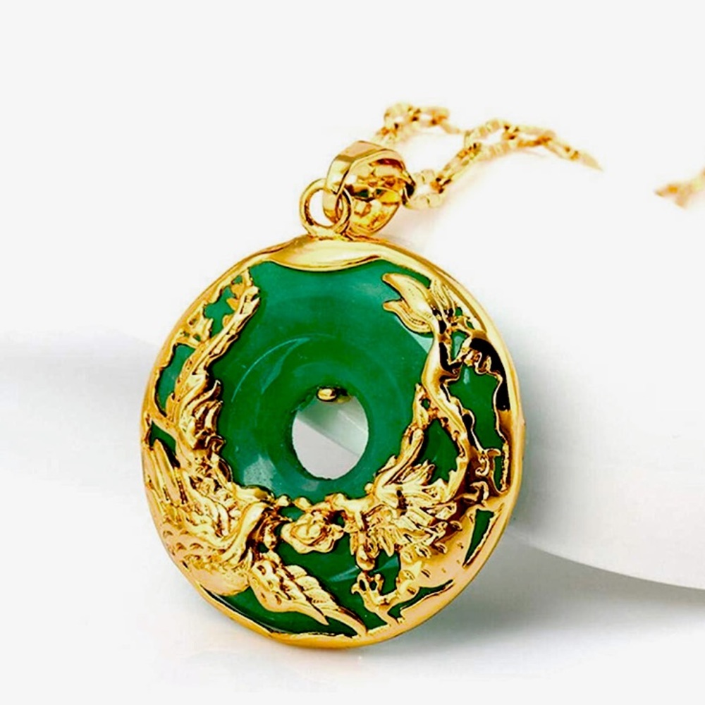 Jade Pendant 925 Silver Dragon Phoenix Necklace